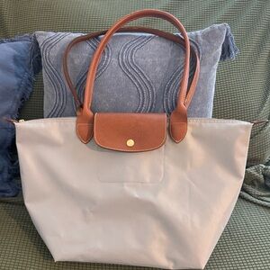 Longchamp Large Tote Bag in Light Blue with Brown Leather Trim